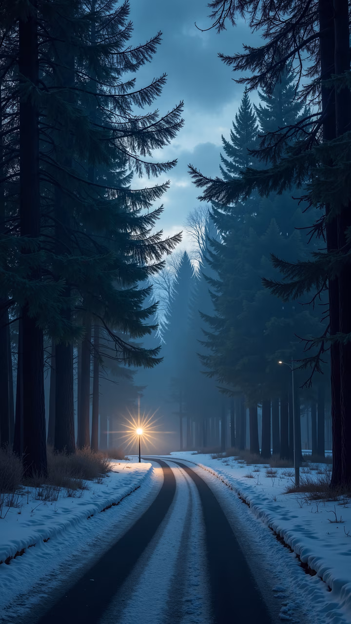 A peaceful snowy forest road at dusk, illuminated by a warm streetlight, evoking tranquility and solitude.