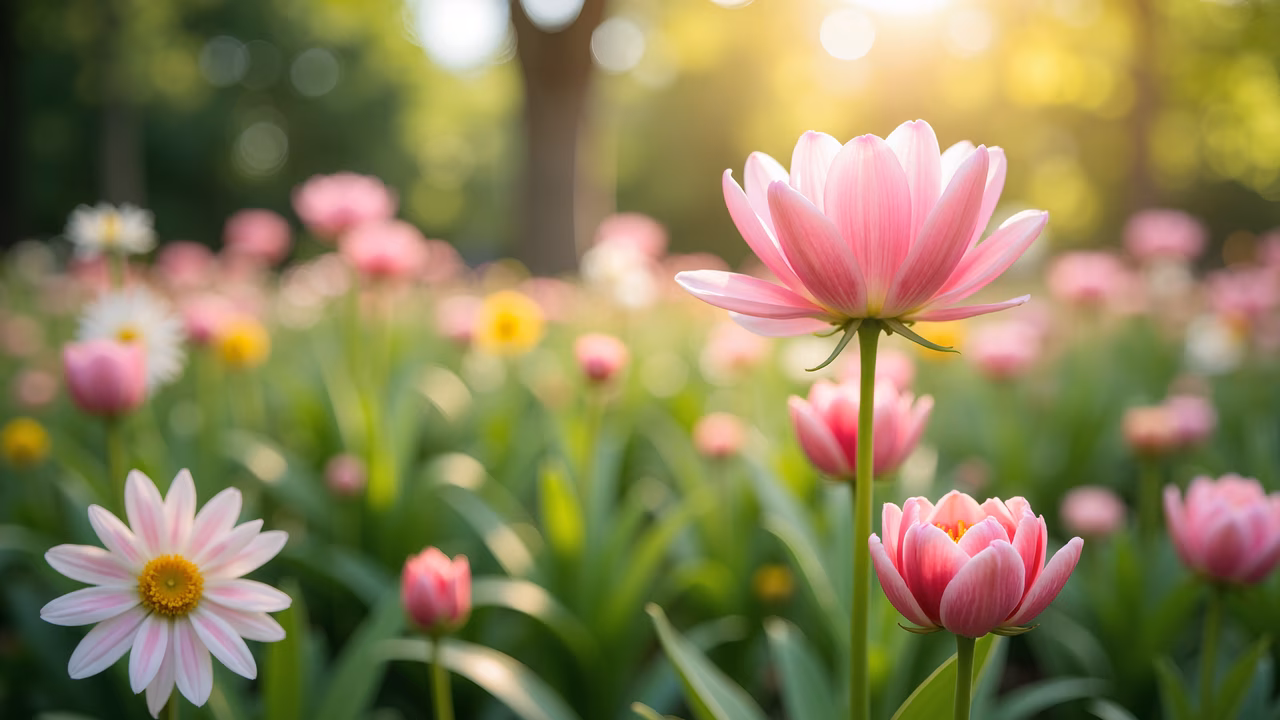 Delicate pink petals and lush green leaves create a dreamy spring flower illustration.