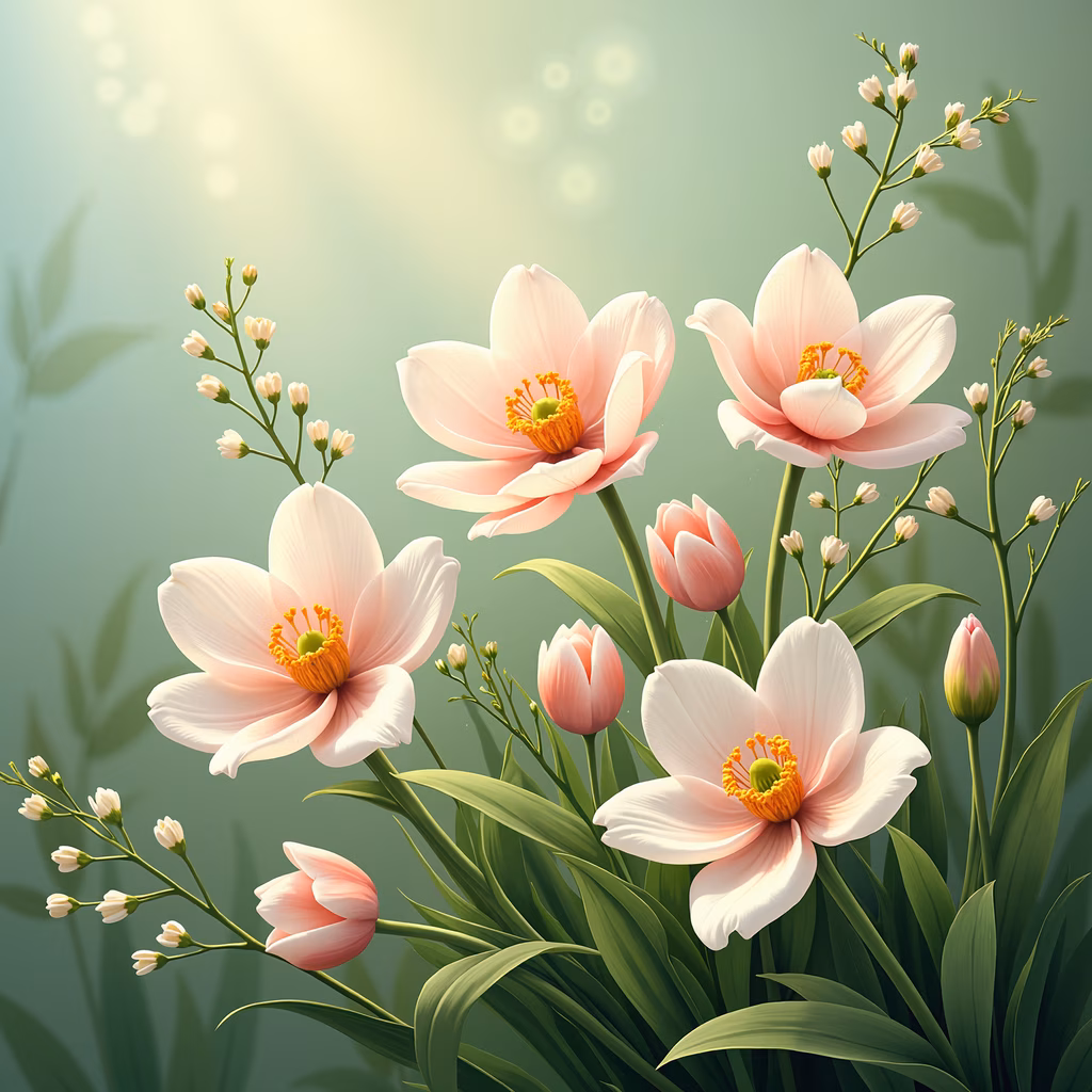 A detailed illustration of spring flowers, featuring peonies and tulips in soft pink tones, set against a green background.