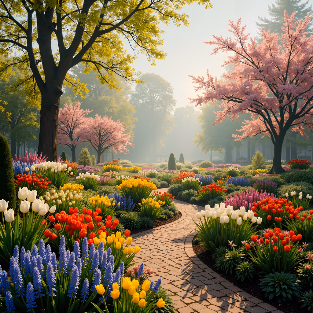 A tranquil spring garden with blooming flowers and cherry blossoms, perfect for nature lovers and art enthusiasts.
