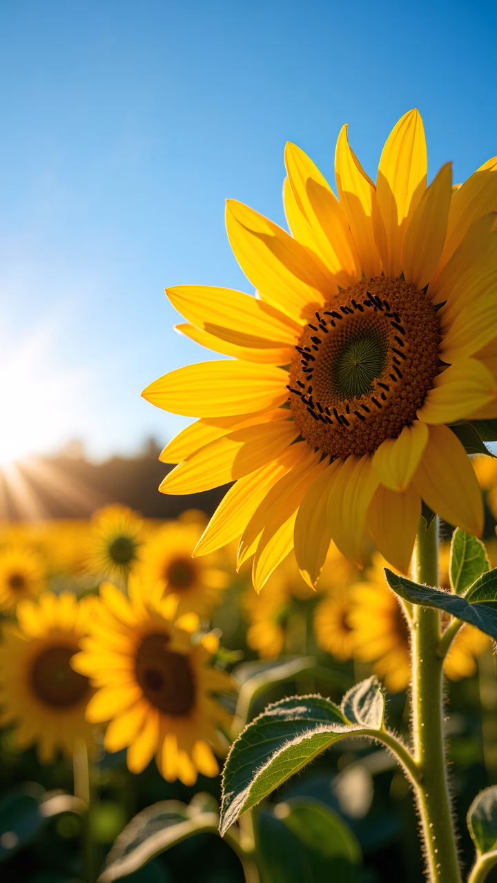 A sunflower field under a clear blue sky, illuminated by the sun's rays, capturing the essence of nature's vibrancy.