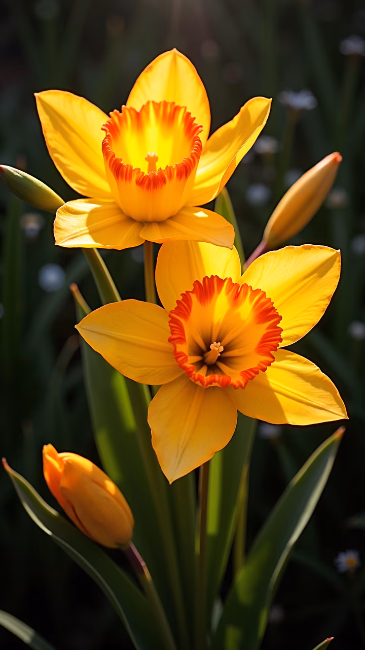 Vibrant yellow daffodils in full bloom, glowing under sunlight, contrasting with dark green foliage.