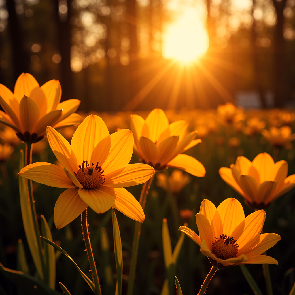 Close-up of sunlit yellow flowers in a natural setting, evoking a sense of tranquility and warmth.