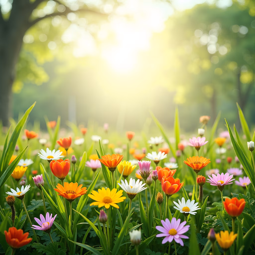 A sunlit garden with colorful flowers and lush greenery, evoking a sense of joy and serenity.