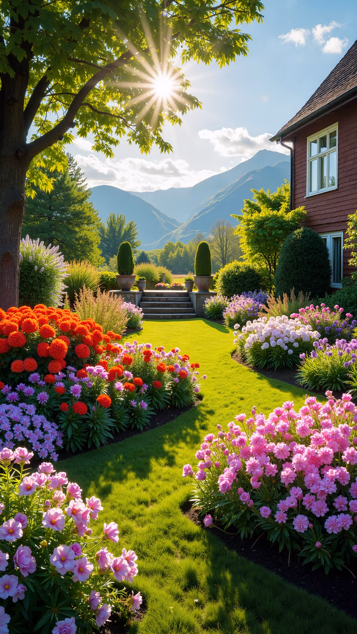 A sunlit garden with blooming flowers and a mountain view.