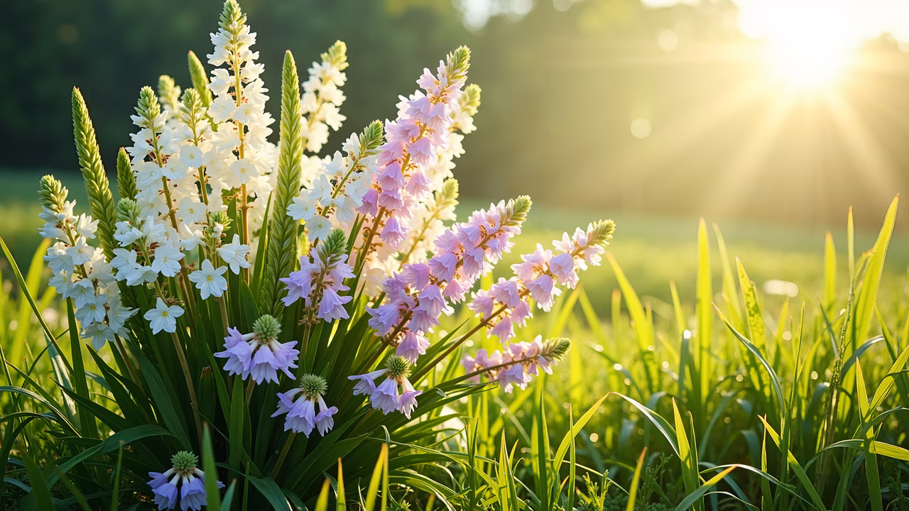 Delicate white and soft purple flowers in a sunlit meadow scene