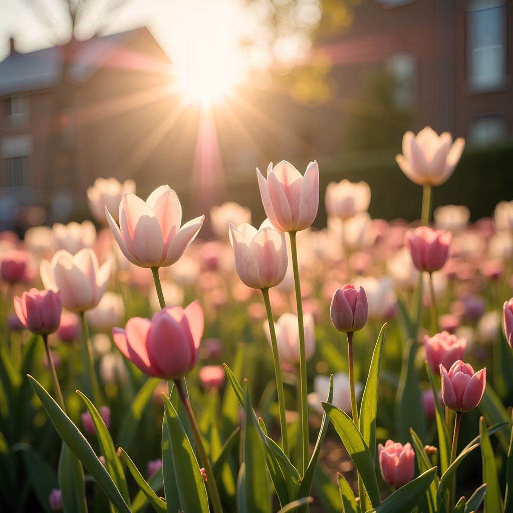Sunlit Tulips: A field of flowers bathed in the warm glow of the setting sun.