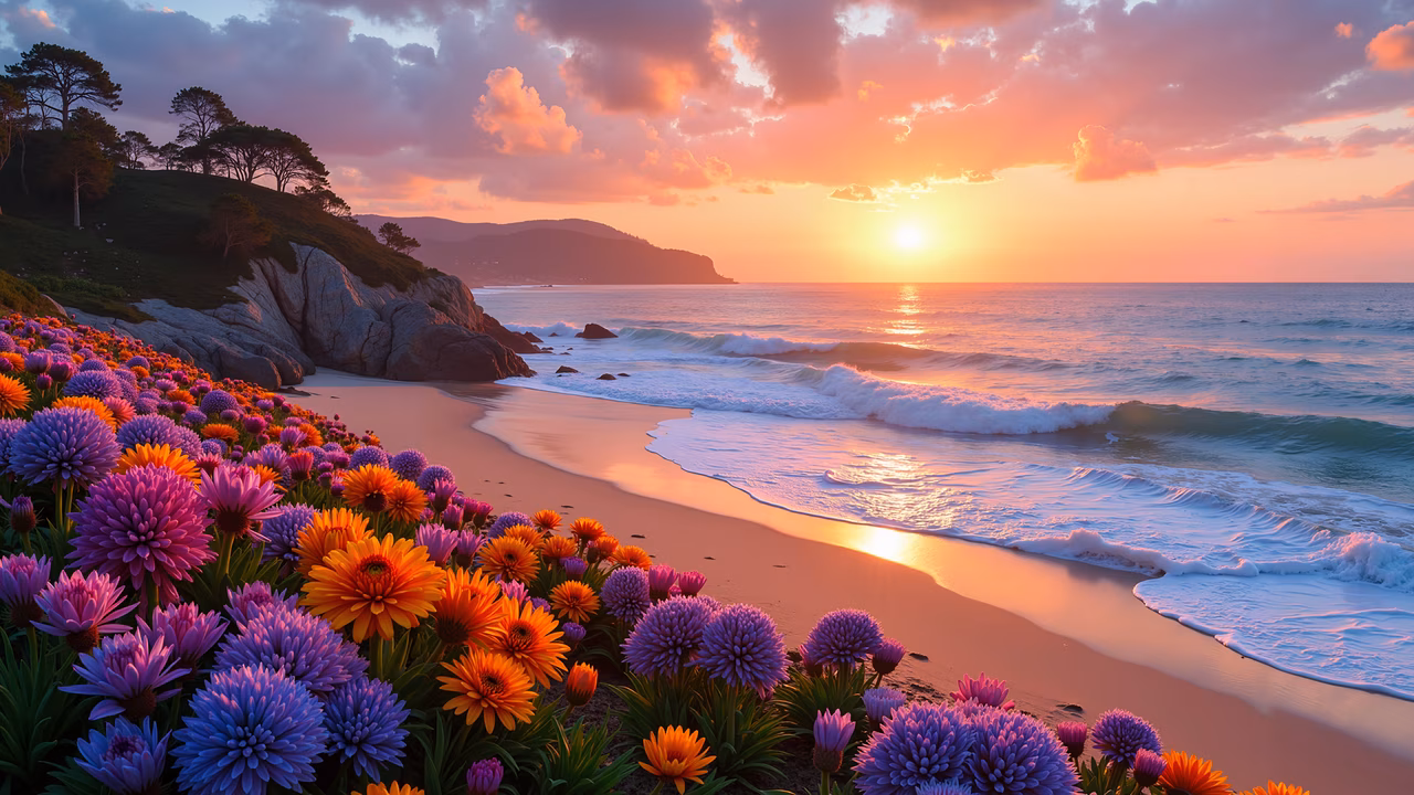 Vibrant sunset beach scene with flowers and waves, serene atmosphere