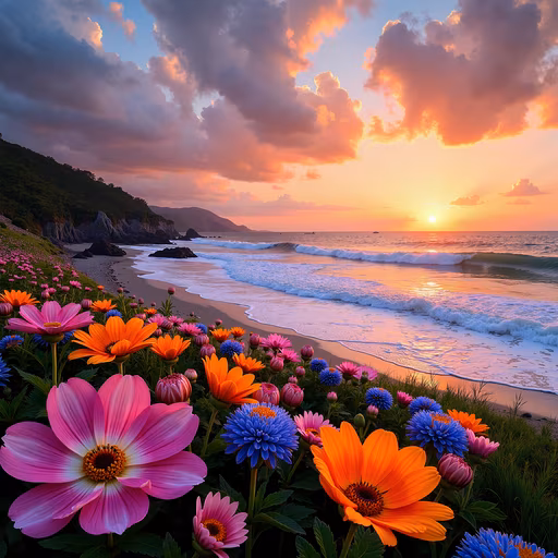 Sunset Beach with Vibrant Flowers