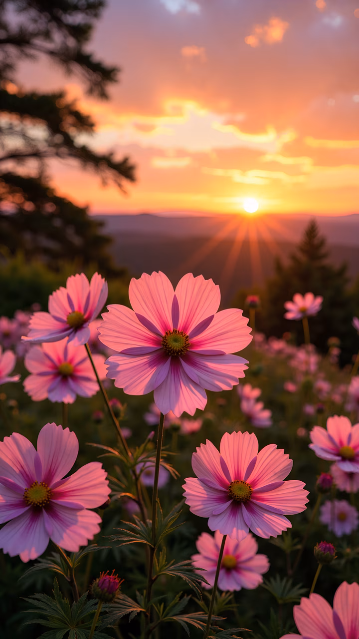 Vibrant pink cosmos flowers at sunset, serene and picturesque