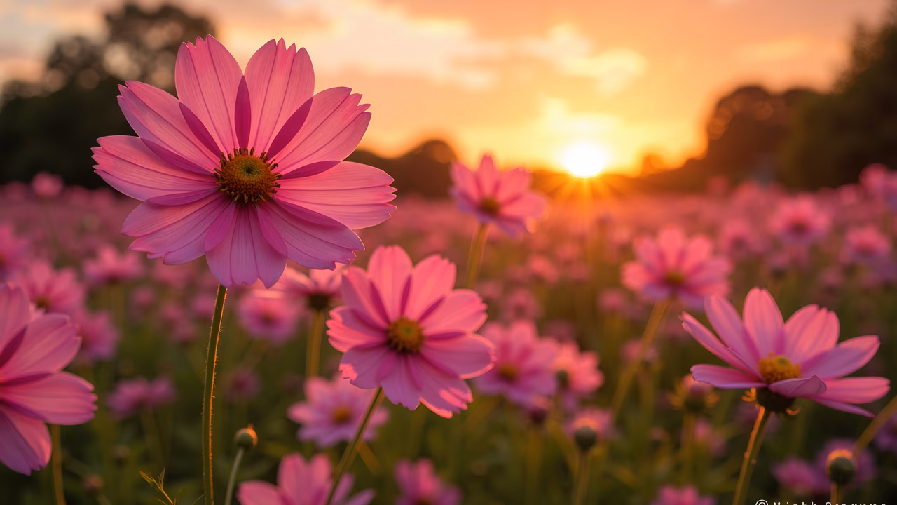 Vibrant cosmos flowers at sunset, nature photography