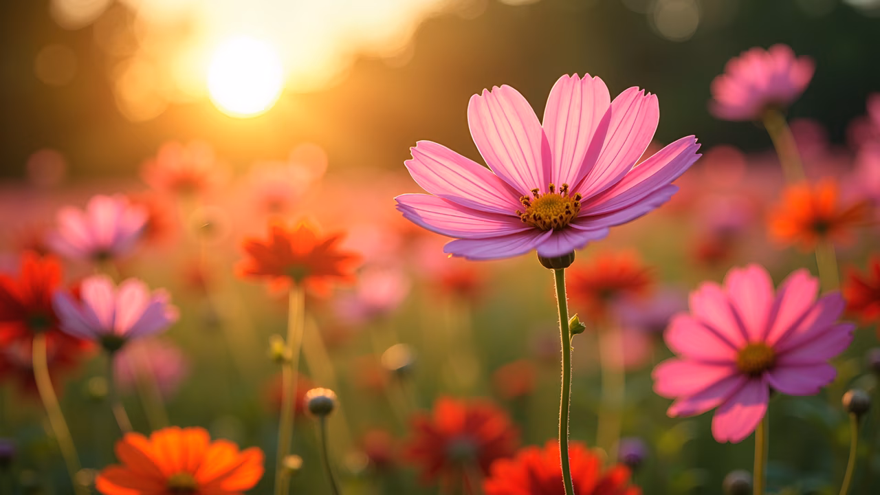 Close-up of cosmos flowers illuminated by sunset light, nature photography