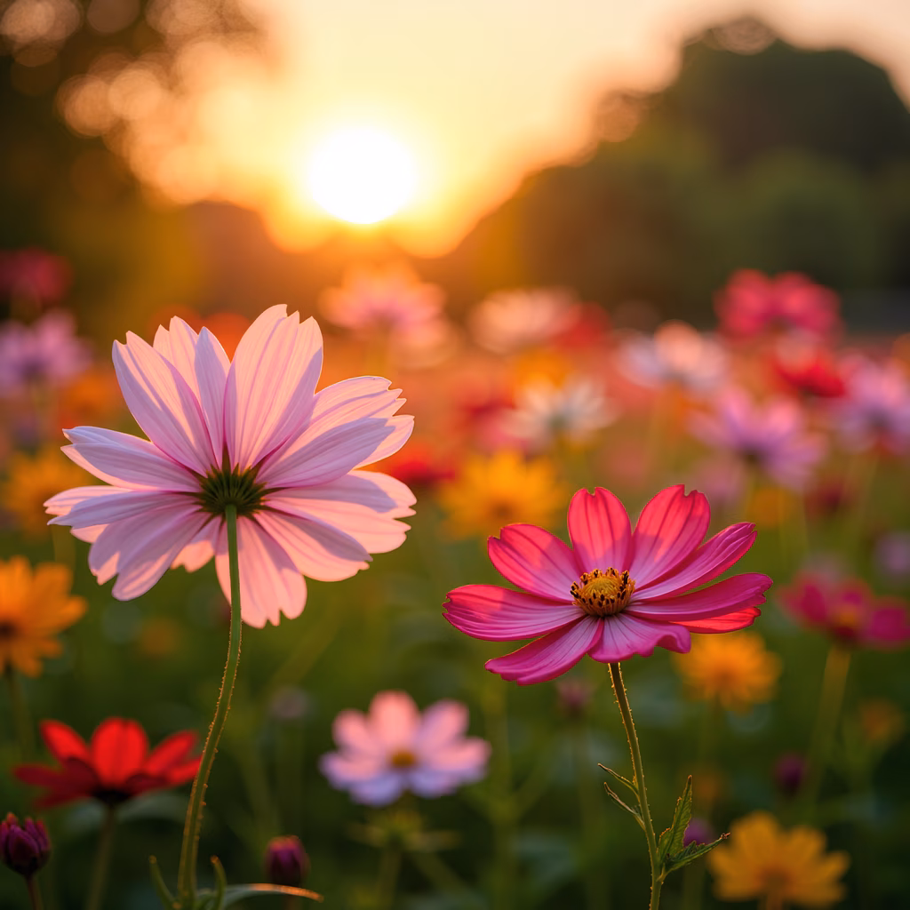 Vibrant cosmos flowers at sunset with soft bokeh lights