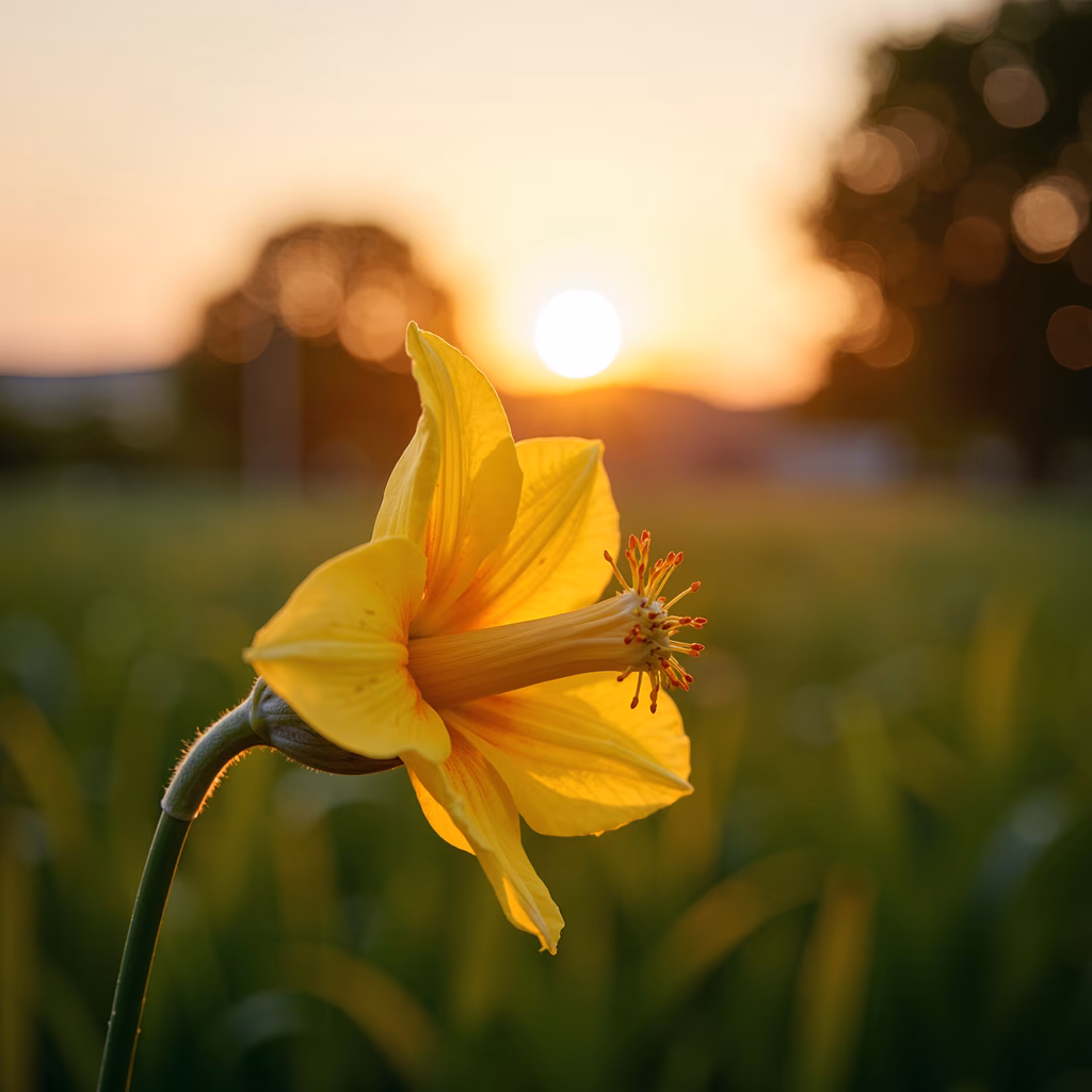 A stunning close-up of a yellow flower at sunset, with a bokeh effect enhancing the warm tones and depth.