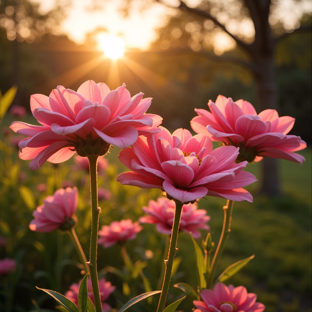 Vibrant pink cosmos flowers at sunset, serene nature scene