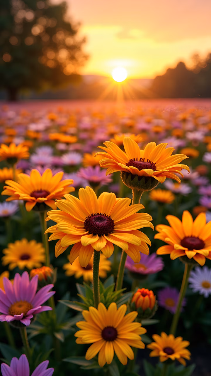 Sunset flowers in a colorful field, warm hues, detailed close-ups, vibrant centers, natural beauty