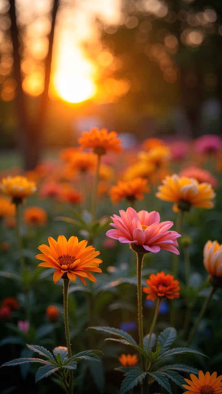 Sunset flowers in a vibrant garden scene