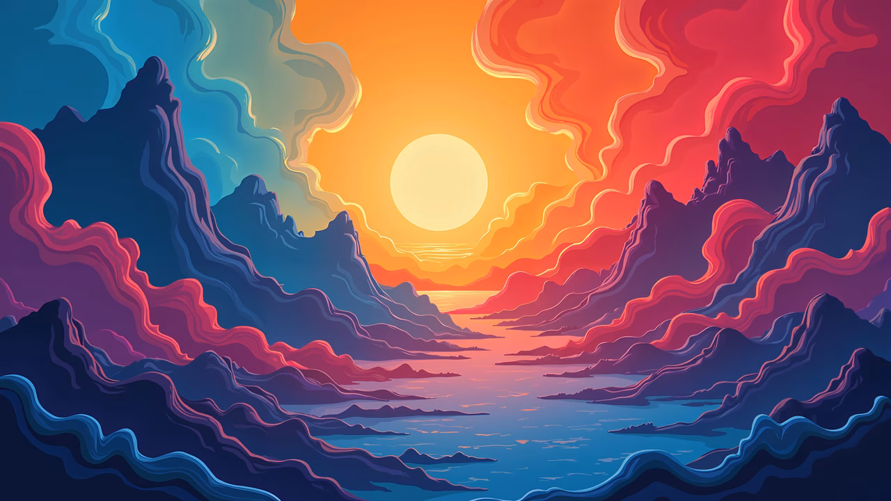 Vibrant sunset illustration with swirling clouds and glowing sun, serene and majestic atmosphere.