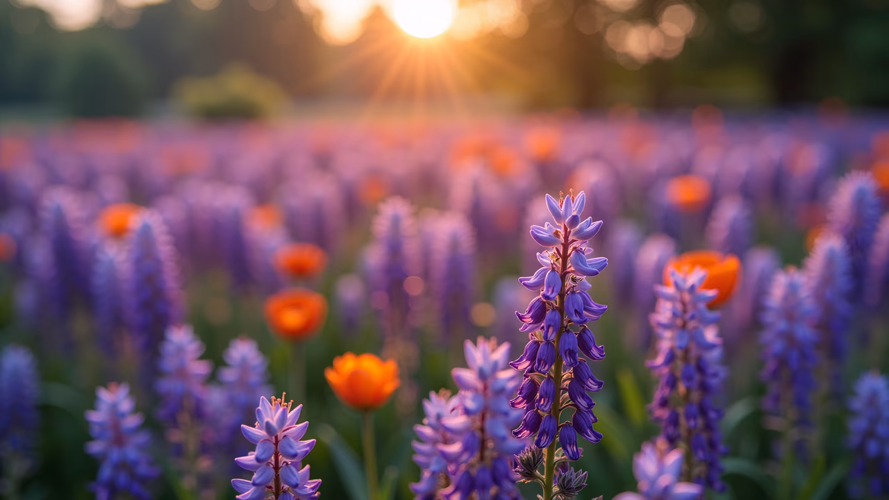 Sunset lavender field with vibrant orange tulips and soft purple hues