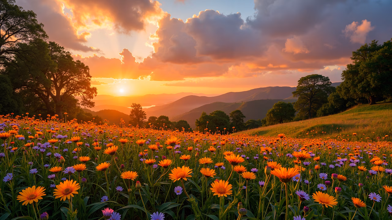 Vibrant sunset over a field of colorful flowers with rolling hills and trees in the background.