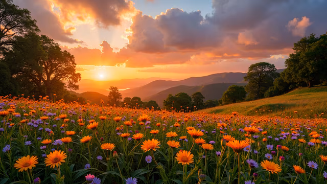 Sunset Over Flower Field