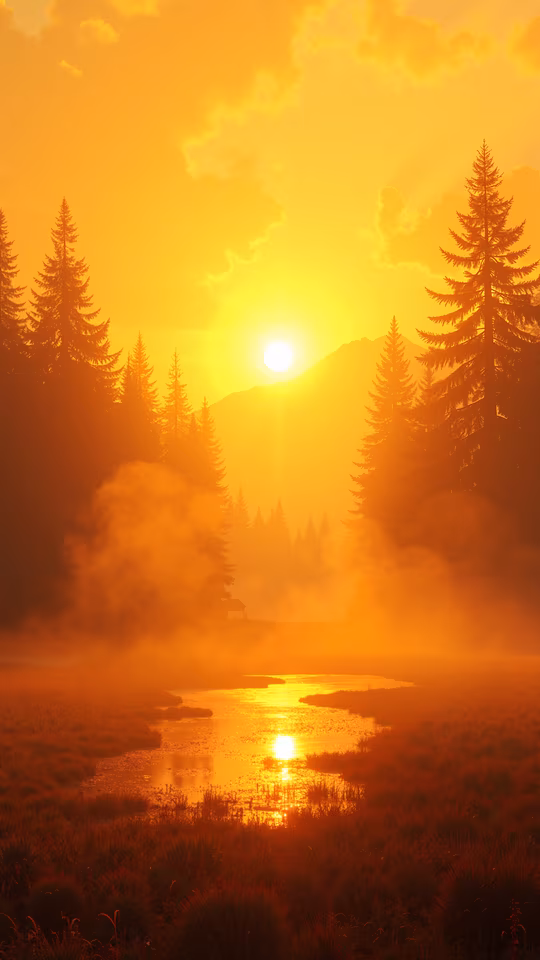 Sunset Over Misty Forest