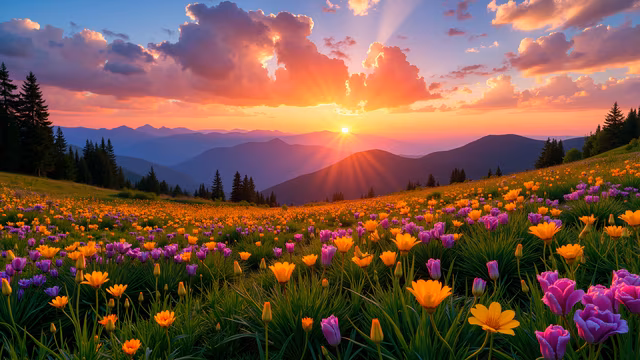 Sunset Over Tulip Field