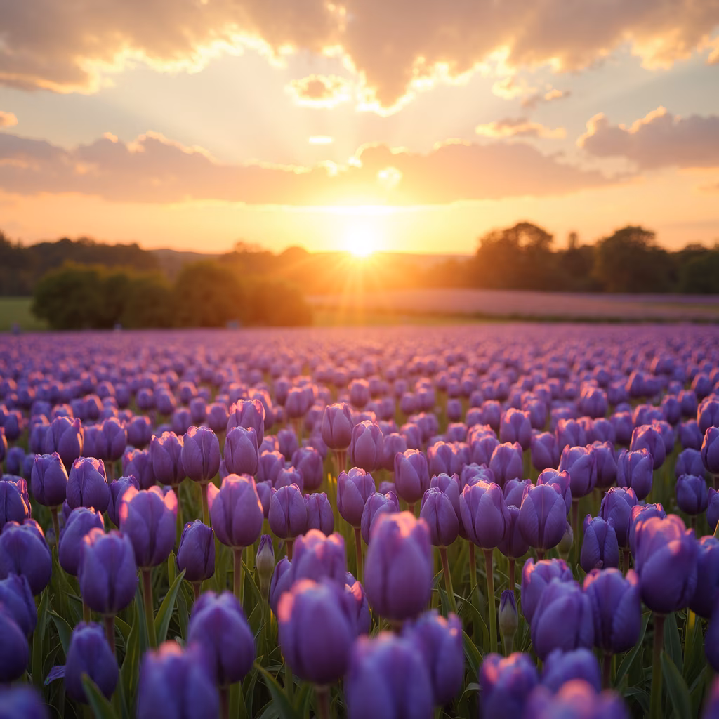 Sunset Tulip Field: A serene and picturesque scene of vibrant purple tulips under a warm sunset sky.