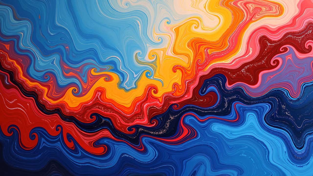 Vibrant abstract artwork with swirling patterns of blue, red, orange, and yellow.