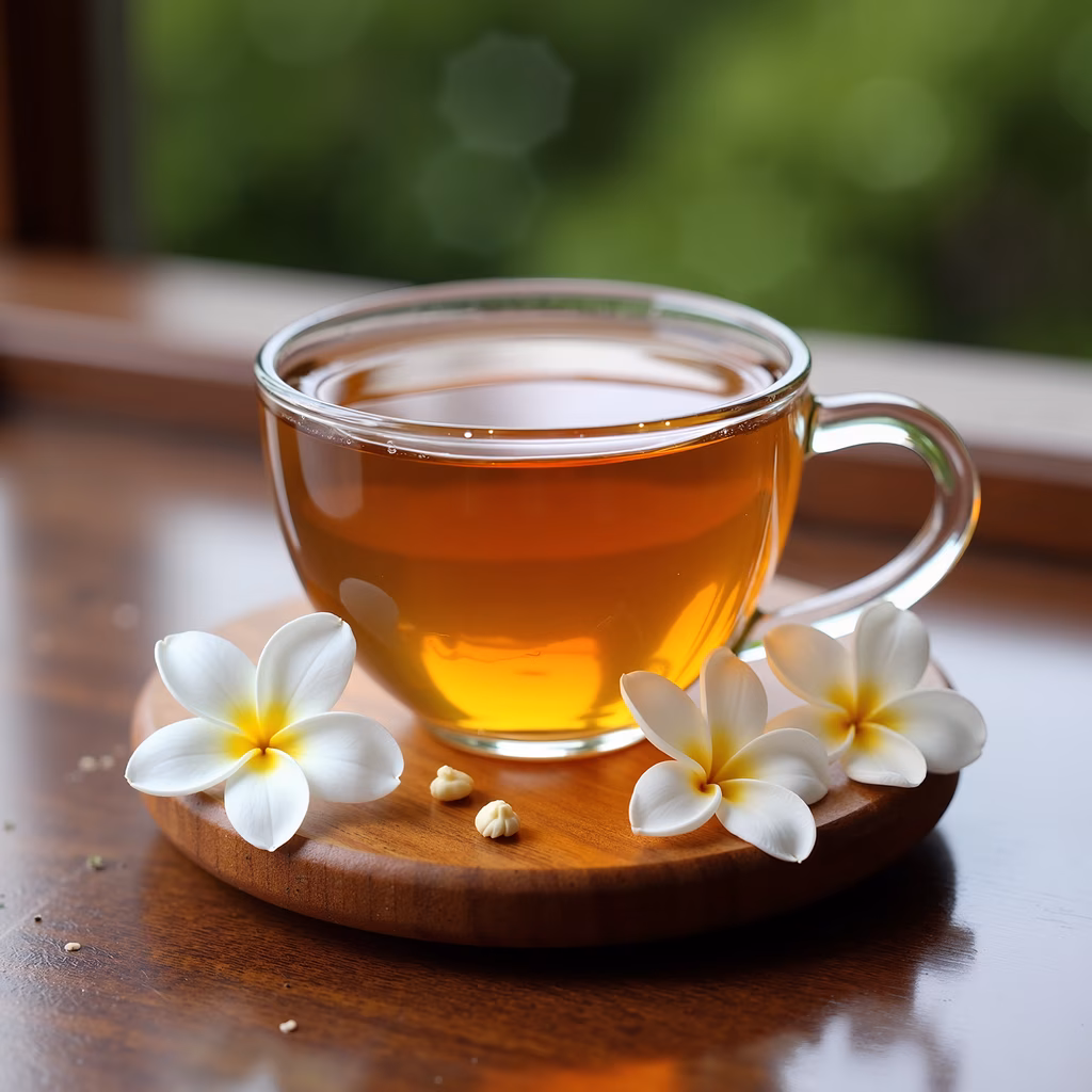 A peaceful tea moment with plumeria flowers and amber tea.