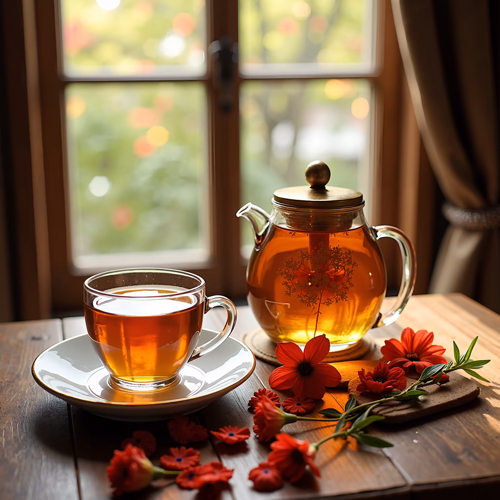 A serene tea time setup with amber tea and red flowers, evoking warmth and tranquility.