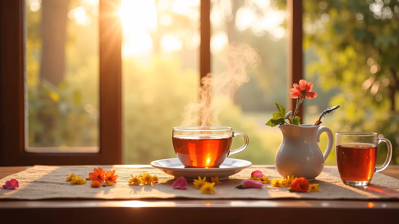 Still life with steaming tea cups, pitcher, and petals in front of a sunlit window.
