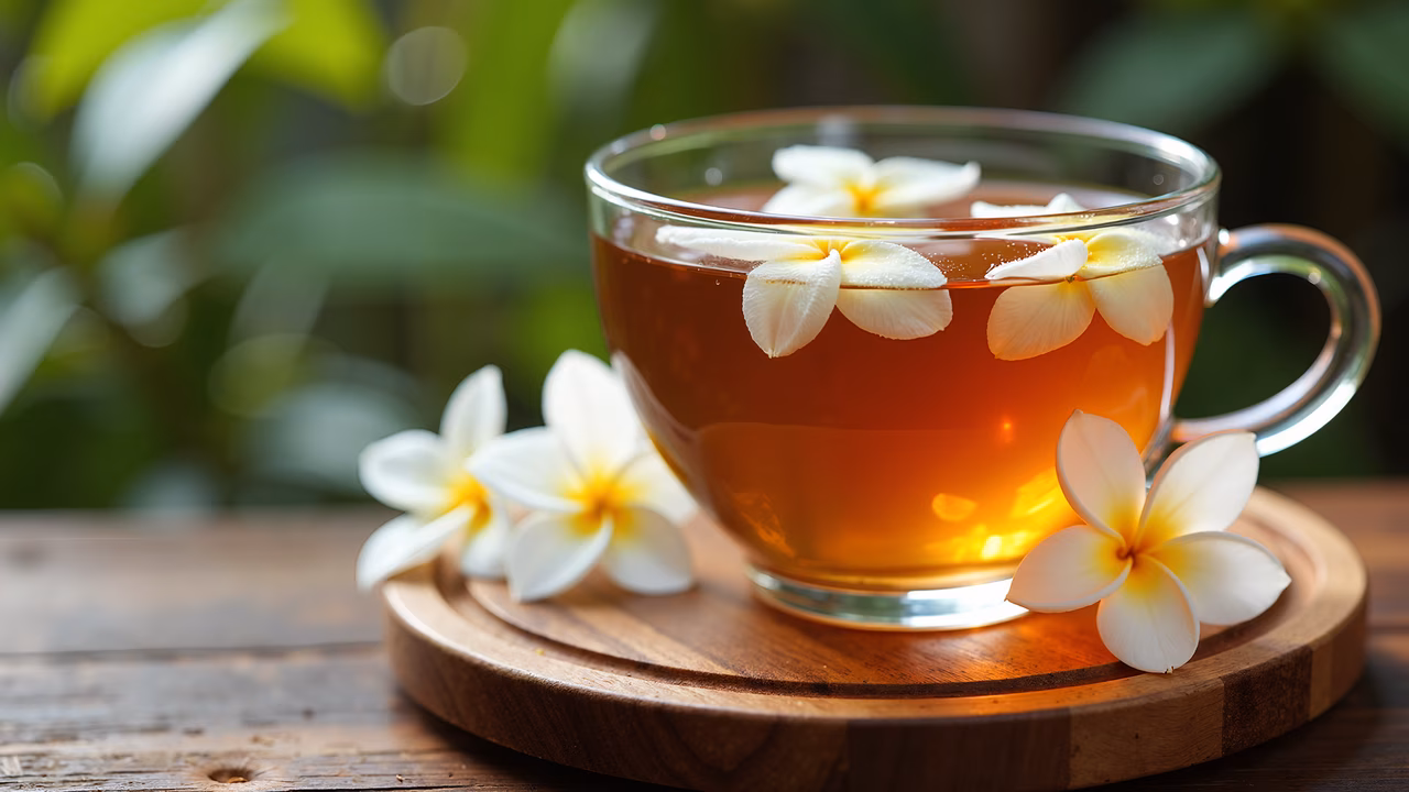 Tea with Plumeria Flowers - A serene and inviting scene of amber tea and delicate white flowers.