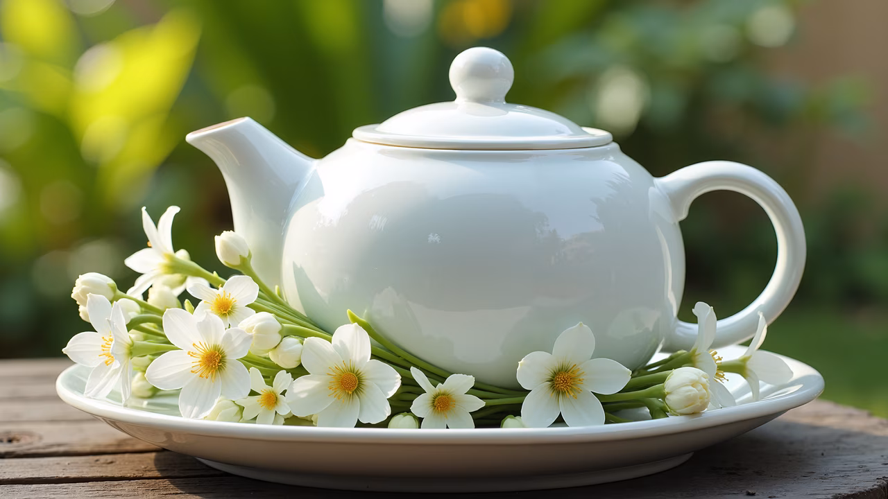 Elegant teapot with white flowers, serene still life