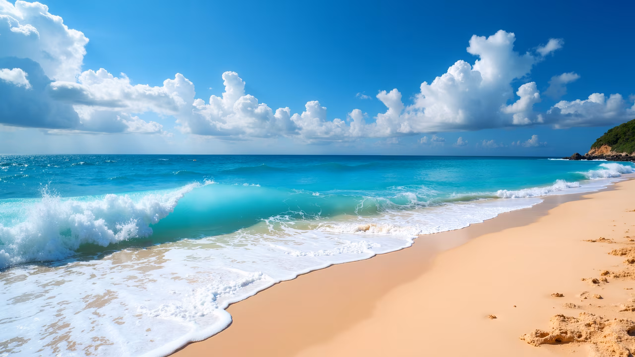 A stunning tropical beach scene with turquoise waters and golden sands under a clear blue sky.