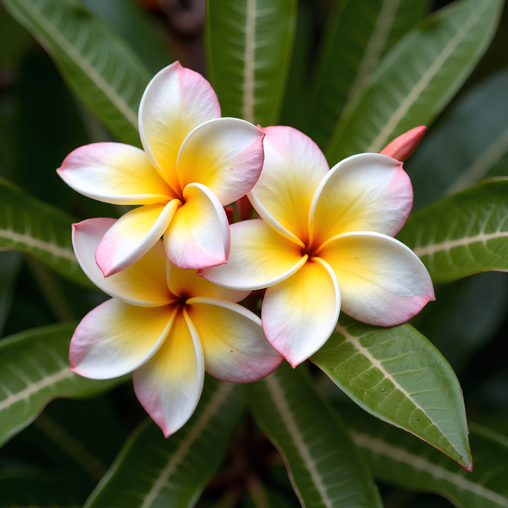Close-up of tropical plumeria flowers with vibrant petals and lush green leaves.