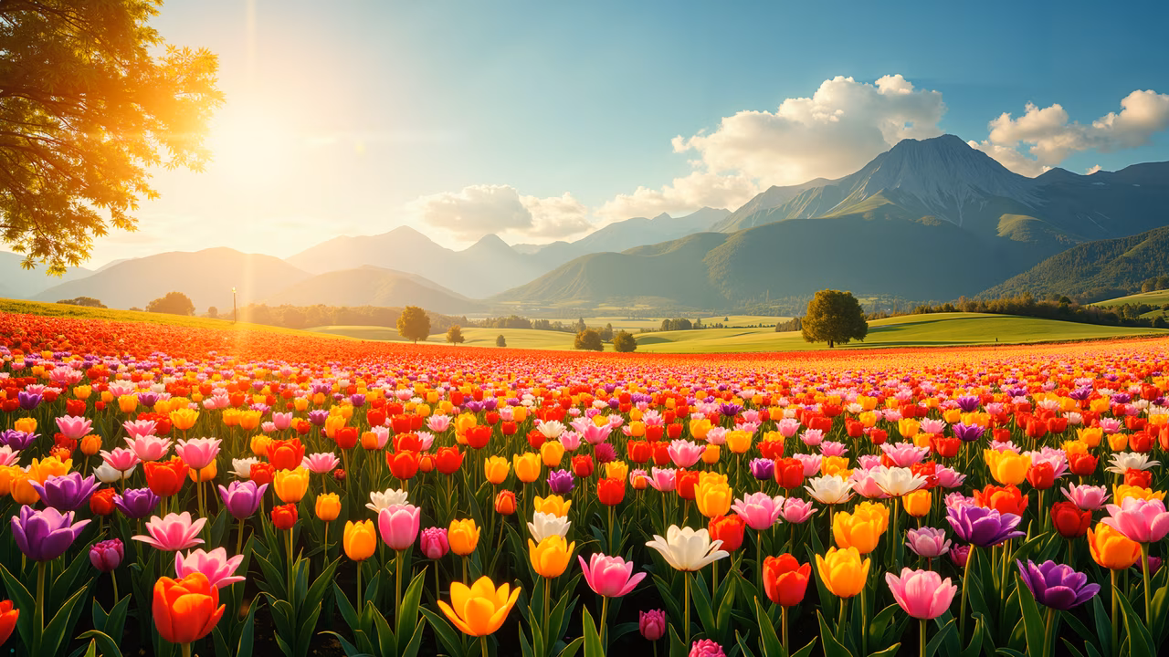 Vibrant tulip field with rolling hills and mountains under a bright blue sky.