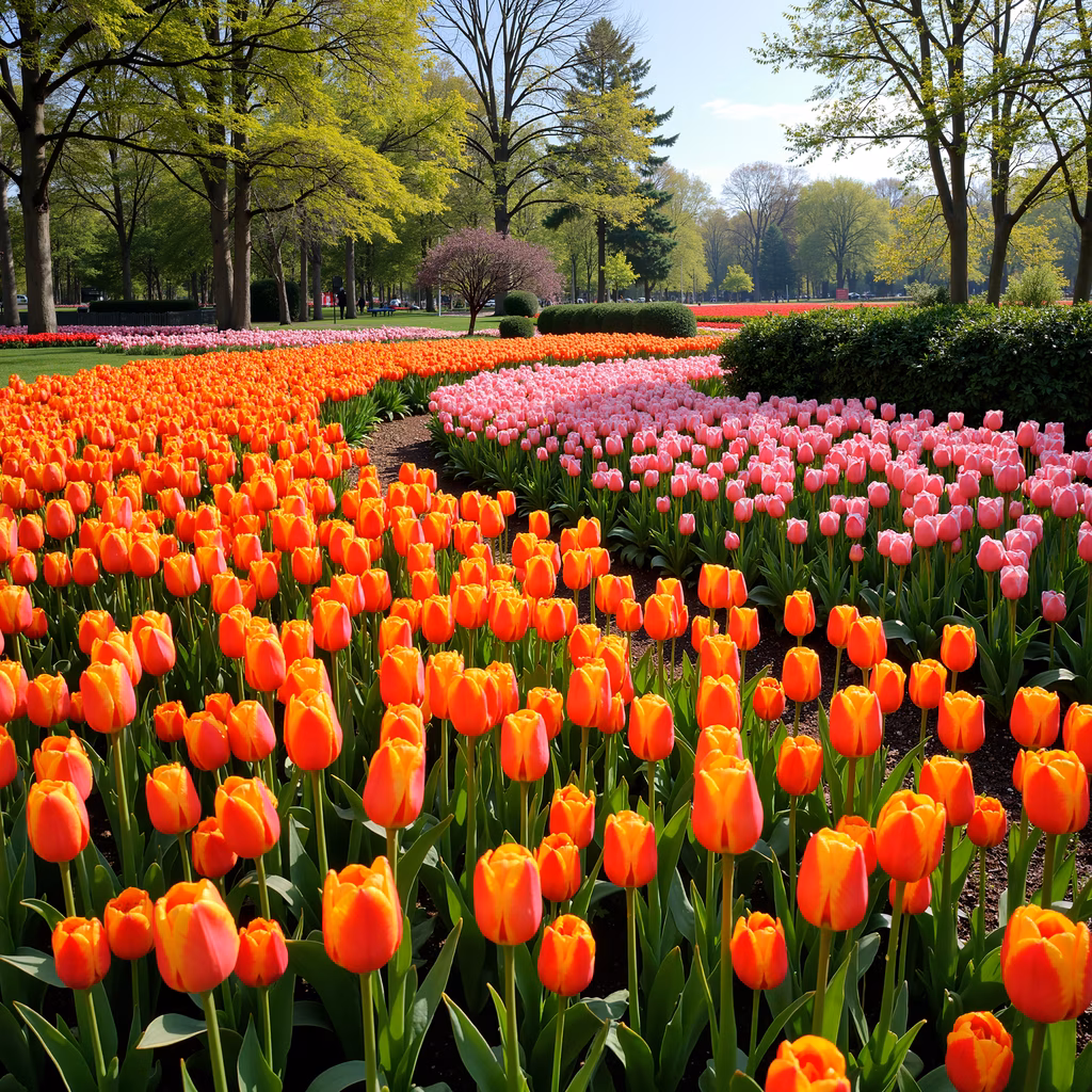 Vibrant tulip field illustration, tranquil spring landscape