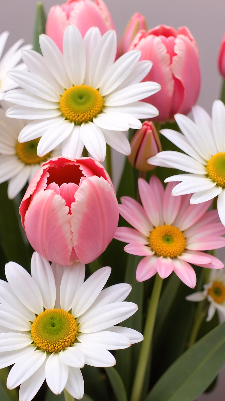 A close-up of tulips and daisies in full bloom, highlighting their delicate petals and bright yellow centers.