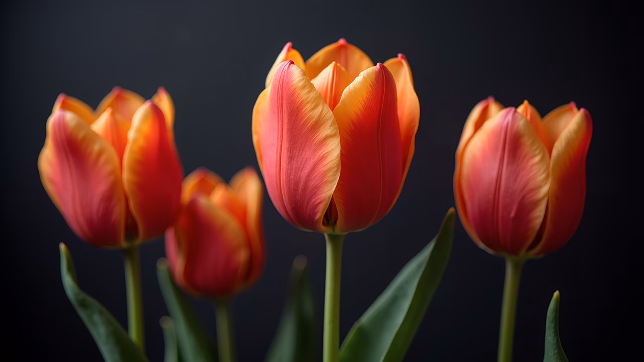 Vibrant tulips in full bloom with rich red and orange hues against a dark background.