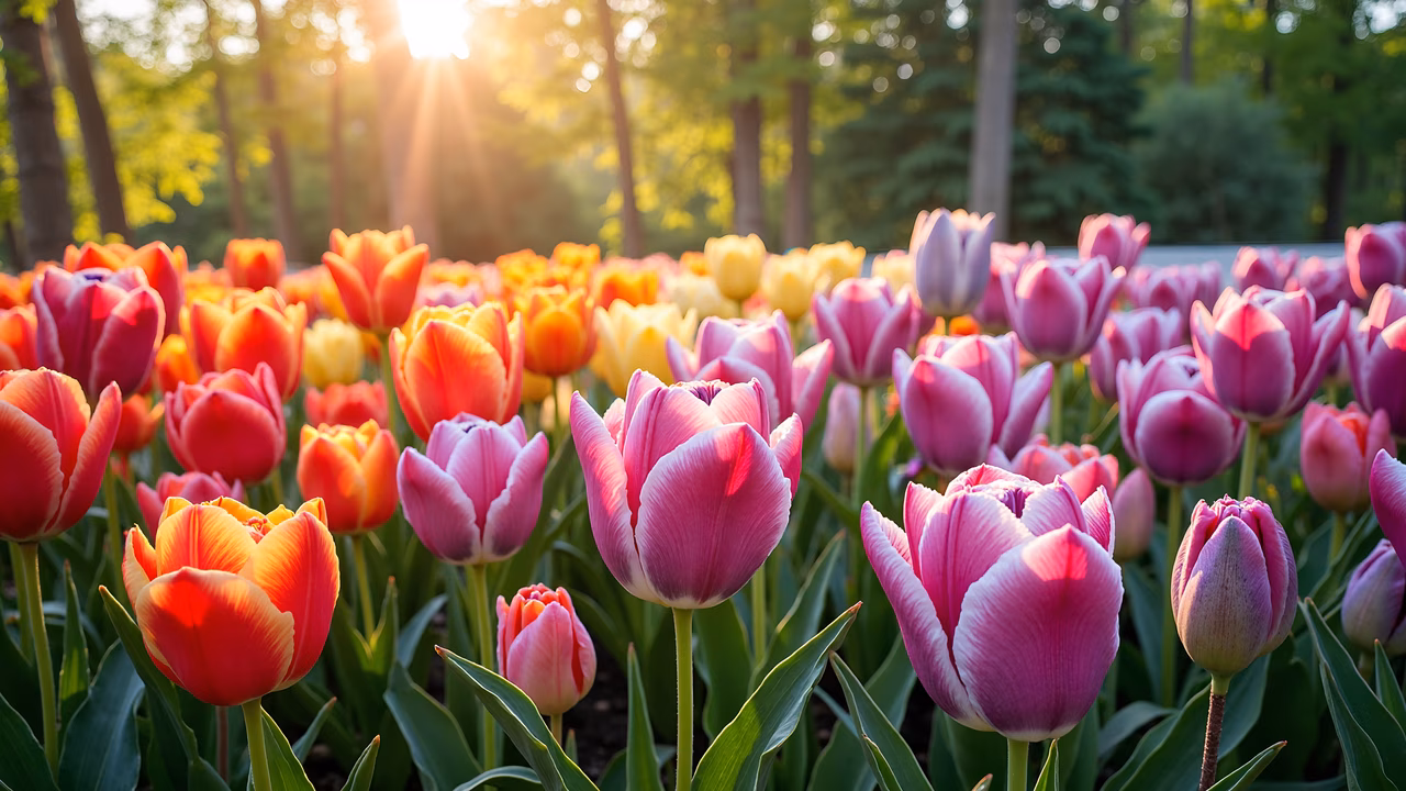 Vibrant tulips illuminated by sunlight, creating a warm and inviting scene.