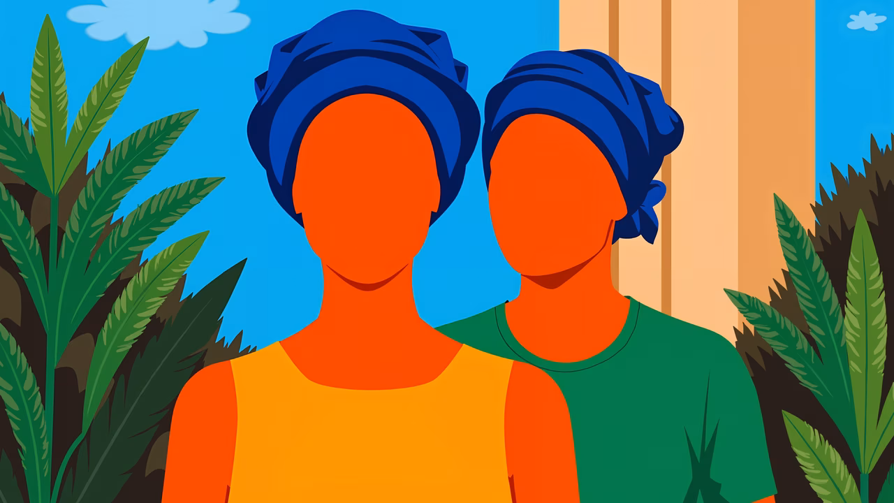 Two sisters in vibrant clothing standing in a lush garden with palm trees and a clear blue sky.