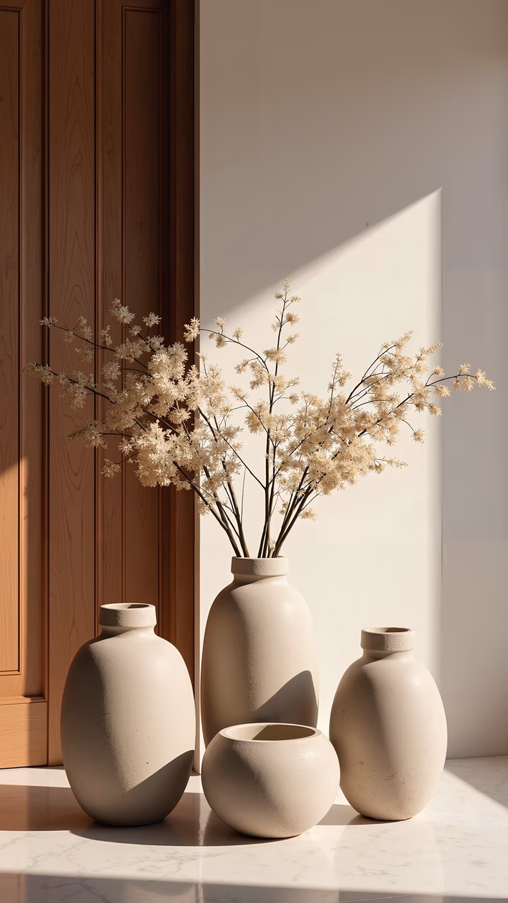 A peaceful composition of vases and dried flowers illuminated by soft natural light, featuring neutral tones and elegant simplicity.