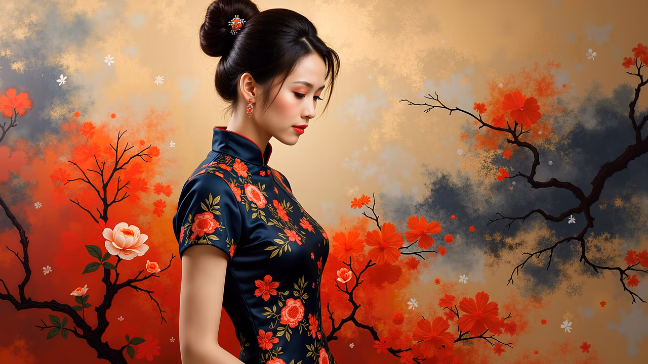 A woman in a traditional Chinese qipao with floral patterns, surrounded by stylized cherry blossoms and autumnal tones.