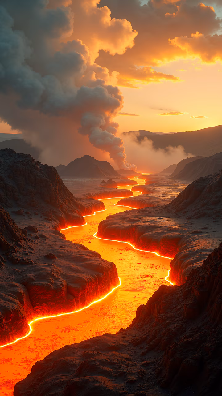 A stunning illustration of a volcanic landscape with a glowing lava river and an orange sunset sky.