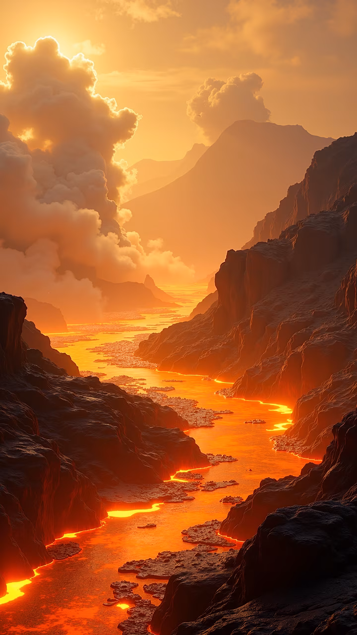 A stunning illustration of a volcanic landscape at sunset, featuring glowing lava rivers and rugged terrain.