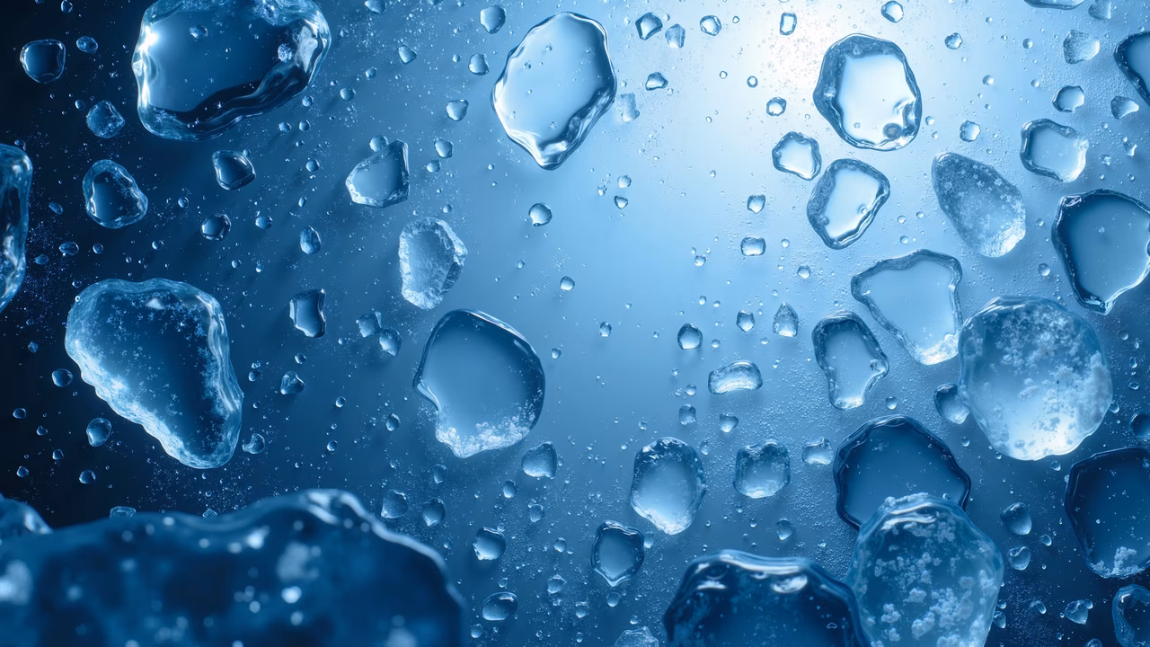 Realistic depiction of water droplets on a gradient blue background.