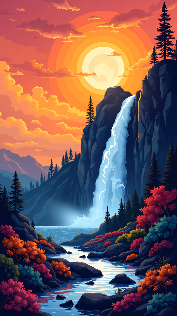 A stunning sunset illustration featuring a waterfall, pine trees, and autumn foliage in a tranquil landscape setting.