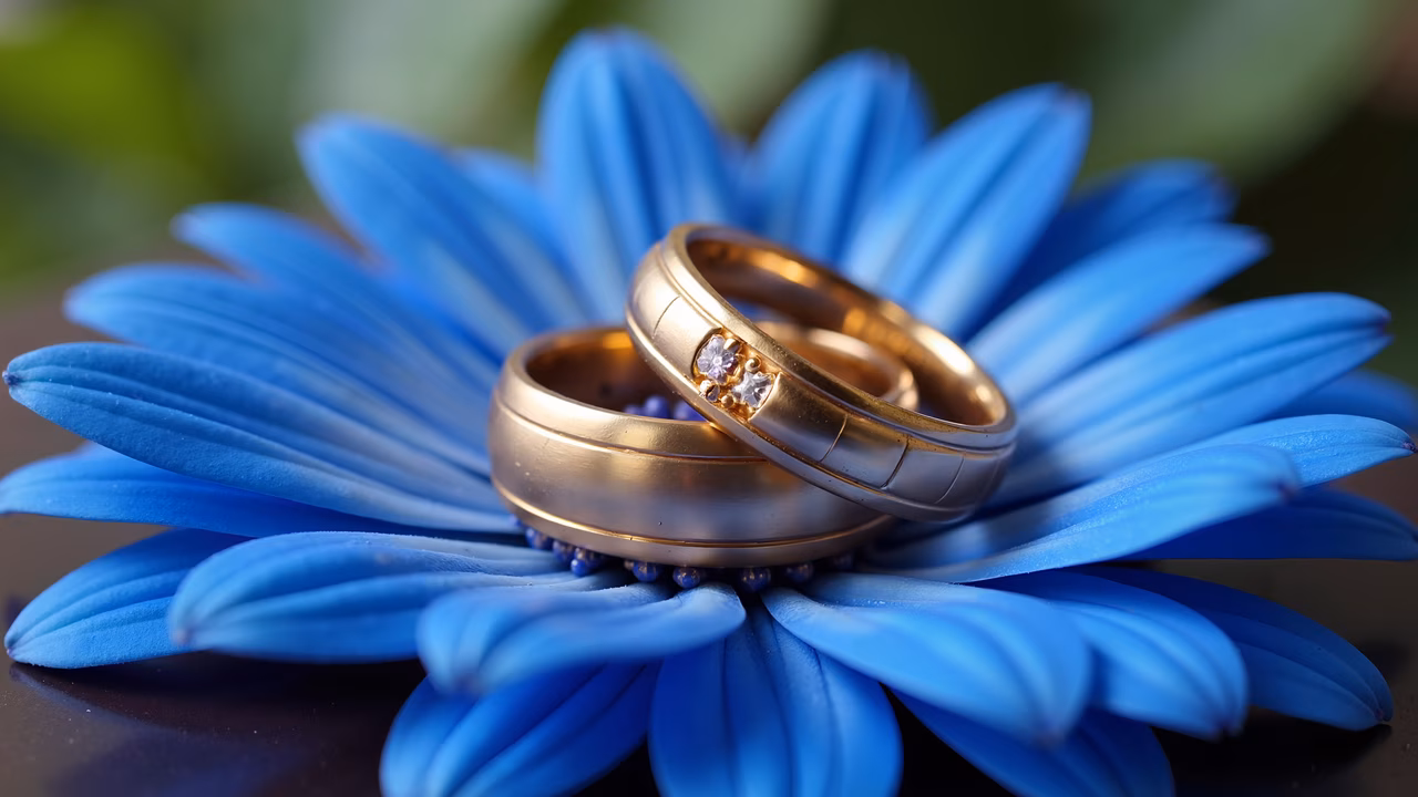 Elegant wedding rings on a vibrant blue flower, symbolizing love and romance.