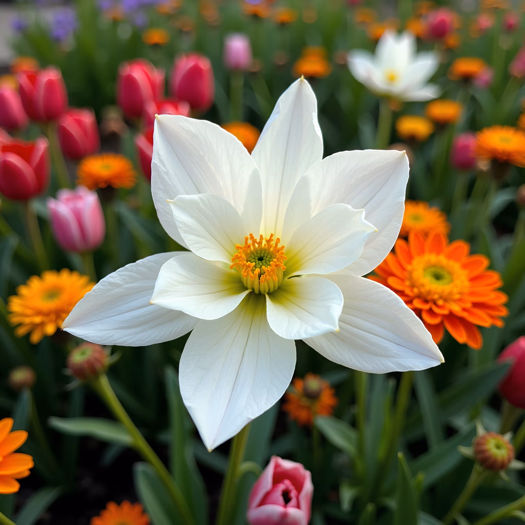 Close-up of a white dahlia surrounded by colorful flowers, highlighting its delicate texture and vibrant colors.